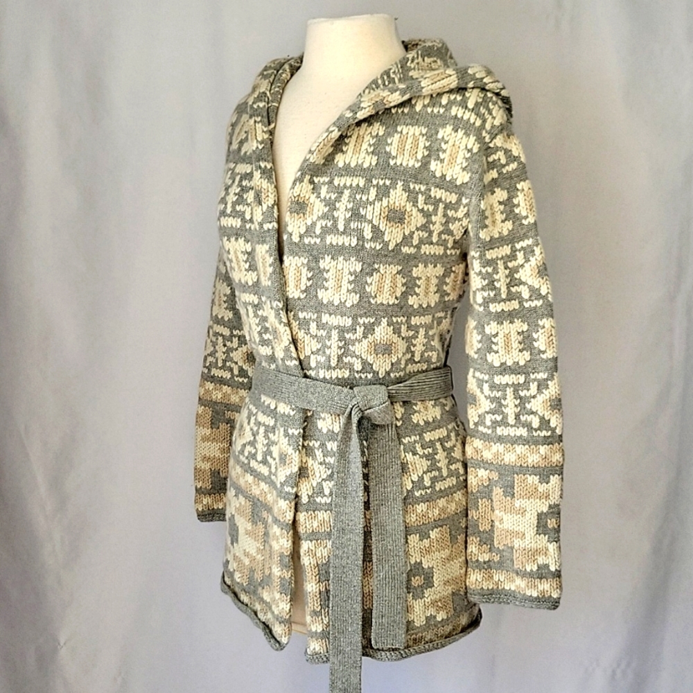 Moncler Belted Open Cardigan with Hood Gray/Cream Size XSmall